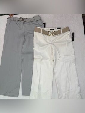 Alfani Womens Modern Wide Leg Belted Pants Linen Size 16 White & Gray Lot Of 2
